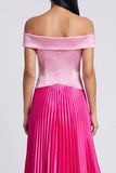 Vestido Maxi plissado de cetim em linha A cor-de-rosa e fúcsia