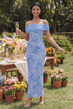 Vestido Maxi Floral Amarelo, Bodycon Ombro Descoberto, com Abertura e Abertura