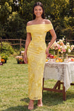 Vestido Maxi Floral Amarelo, Bodycon Ombro Descoberto, com Abertura e Abertura