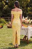 Vestido Maxi Floral Amarelo, Bodycon Ombro Descoberto, com Abertura e Abertura