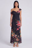 Vestido Maxi Floral Estampado Assimétrico em Tule Preto