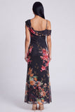 Vestido Maxi Floral Estampado Assimétrico em Tule Preto