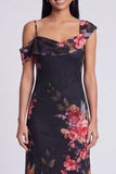 Vestido Maxi Floral Estampado Assimétrico em Tule Preto