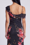 Vestido Maxi Floral Estampado Assimétrico em Tule Preto