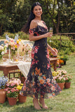 Vestido Maxi Floral Estampado Assimétrico em Tule Preto