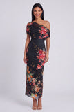 Vestido Maxi Floral Estampado Bodycon de Tule Preto com Um Ombro