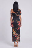 Vestido Maxi Floral Estampado Bodycon de Tule Preto com Um Ombro