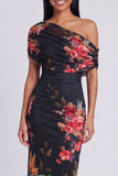 Vestido Maxi Floral Estampado Bodycon de Tule Preto com Um Ombro