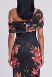 Vestido Maxi Floral Estampado Bodycon de Tule Preto com Um Ombro