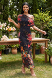 Vestido Maxi Floral Estampado Bodycon de Tule Preto com Um Ombro