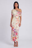 Vestido Maxi Floral Estampado Bodycon de Tule Preto com Um Ombro
