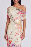 Vestido Maxi Floral Estampado Bodycon de Tule Preto com Um Ombro