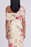 Vestido Maxi Floral Estampado Bodycon de Tule Preto com Um Ombro