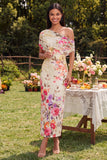 Vestido Maxi Floral Estampado Bodycon de Tule Preto com Um Ombro