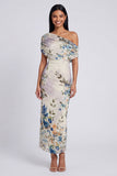Vestido Maxi Floral Estampado Bodycon de Tule Preto com Um Ombro