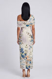Vestido Maxi Floral Estampado Bodycon de Tule Preto com Um Ombro