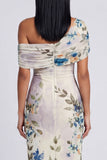 Vestido Maxi Floral Estampado Bodycon de Tule Preto com Um Ombro