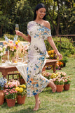 Vestido Maxi Floral Estampado Bodycon de Tule Preto com Um Ombro
