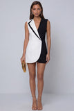Vestido Curto de Trabalho com Decote em V em Preto e Branco