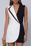Vestido Curto de Trabalho com Decote em V em Preto e Branco