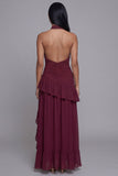 Vestido formal com folhos e fenda Cortada em Borgonha em Halter