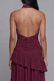 Vestido formal com folhos e fenda Cortada em Borgonha em Halter