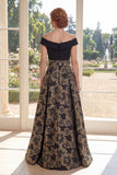 Preto: Uma linha no ombro, Jacquard Vestido longo de mãe da noiva com laço