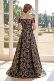 Uma linha preta no ombro jacquard floral longo vestido mãe da noiva