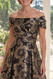 Uma linha preta no ombro jacquard floral longo vestido mãe da noiva