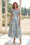 A linha Jacquard Blue Um Ombro Midi Vestido Mãe da Noiva