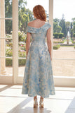 A linha Jacquard Blue Um Ombro Midi Vestido Mãe da Noiva