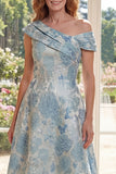 A linha Jacquard Blue Um Ombro Midi Vestido Mãe da Noiva