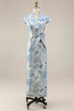 Jacquard Blue Deep Neck Sheath Long Mother Of the Bride Dress com fenda