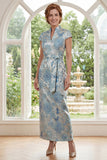 Jacquard Blue Deep Neck Sheath Long Mother Of the Bride Dress com fenda