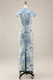 Jacquard Blue Deep Neck Sheath Long Mother Of the Bride Dress com fenda