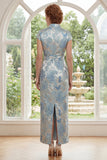 Jacquard Blue Deep Neck Sheath Long Mother Of the Bride Dress com fenda