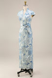 Jacquard Blue Deep Neck Sheath Long Mother Of the Bride Dress com fenda