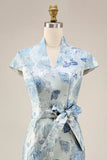Jacquard Blue Deep Neck Sheath Long Mother Of the Bride Dress com fenda