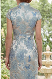 Jacquard Blue Deep Neck Sheath Long Mother Of the Bride Dress com fenda