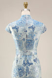 Jacquard Blue Deep Neck Sheath Long Mother Of the Bride Dress com fenda