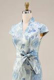 Jacquard Blue Deep Neck Sheath Long Mother Of the Bride Dress com fenda