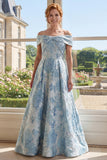 Vestido de Mãe da Noiva Azul Jacquard A-Line A-Line Ombro Descoberto