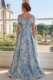 Vestido de Mãe da Noiva Azul Jacquard A-Line A-Line Ombro Descoberto
