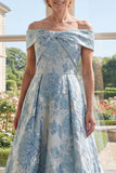 Vestido de Mãe da Noiva Azul Jacquard A-Line A-Line Ombro Descoberto