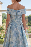 Vestido de Mãe da Noiva Azul Jacquard A-Line A-Line Ombro Descoberto