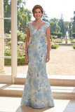 Vestido de Mãe da Noiva Azul Sereia com Decote em V Jacquard Longo Franzido