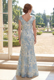 Vestido de Mãe da Noiva Azul Sereia com Decote em V Jacquard Longo Franzido