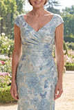 Vestido de Mãe da Noiva Azul Sereia com Decote em V Jacquard Longo Franzido