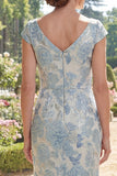 Vestido de Mãe da Noiva Azul Sereia com Decote em V Jacquard Longo Franzido