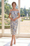 Vestido de Mãe da Noiva Bodycon Azul Ombro Descoberto Jacquard Midi
